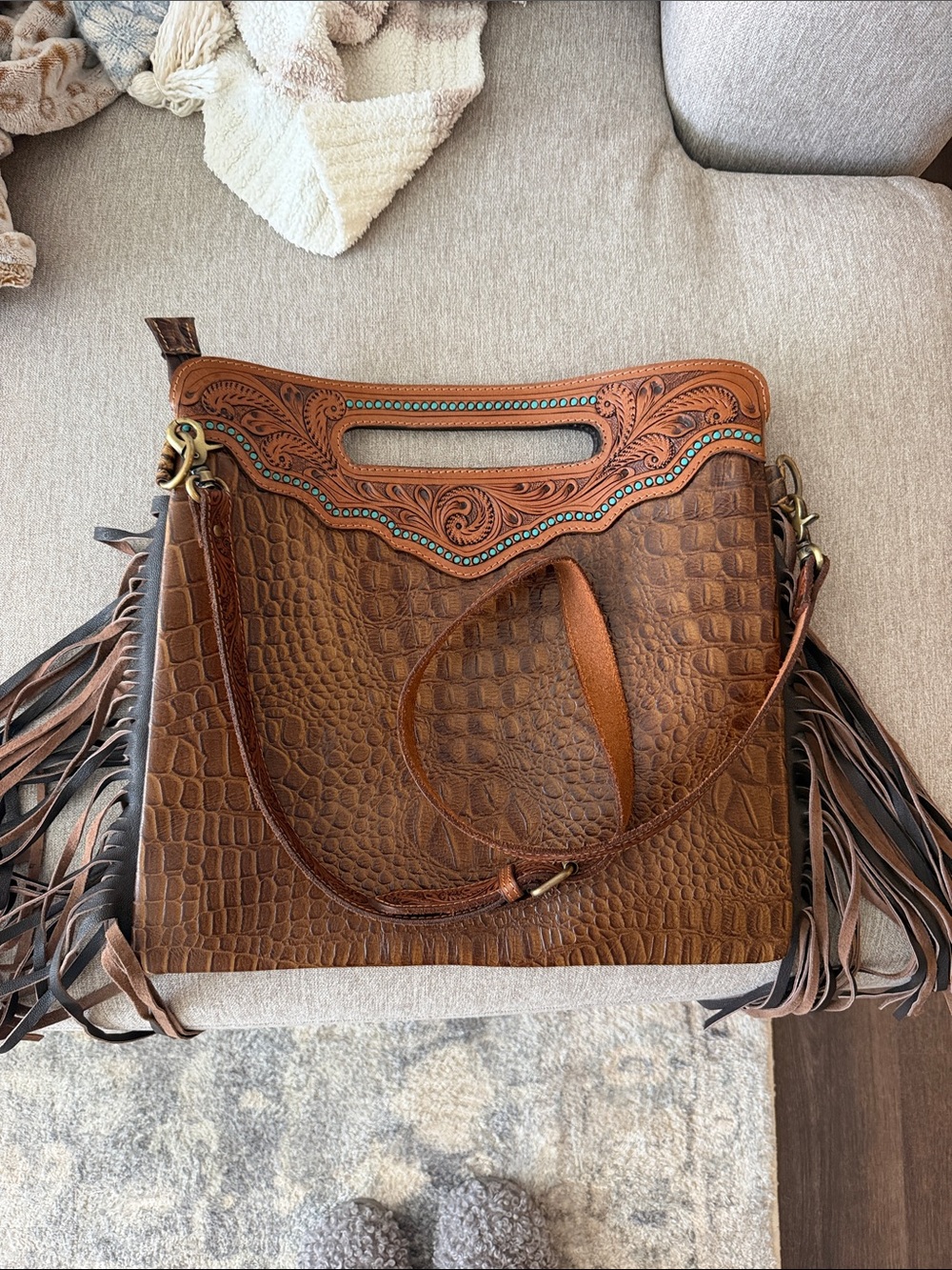 Fringed Croc-Embossed Leather Tote in Brown